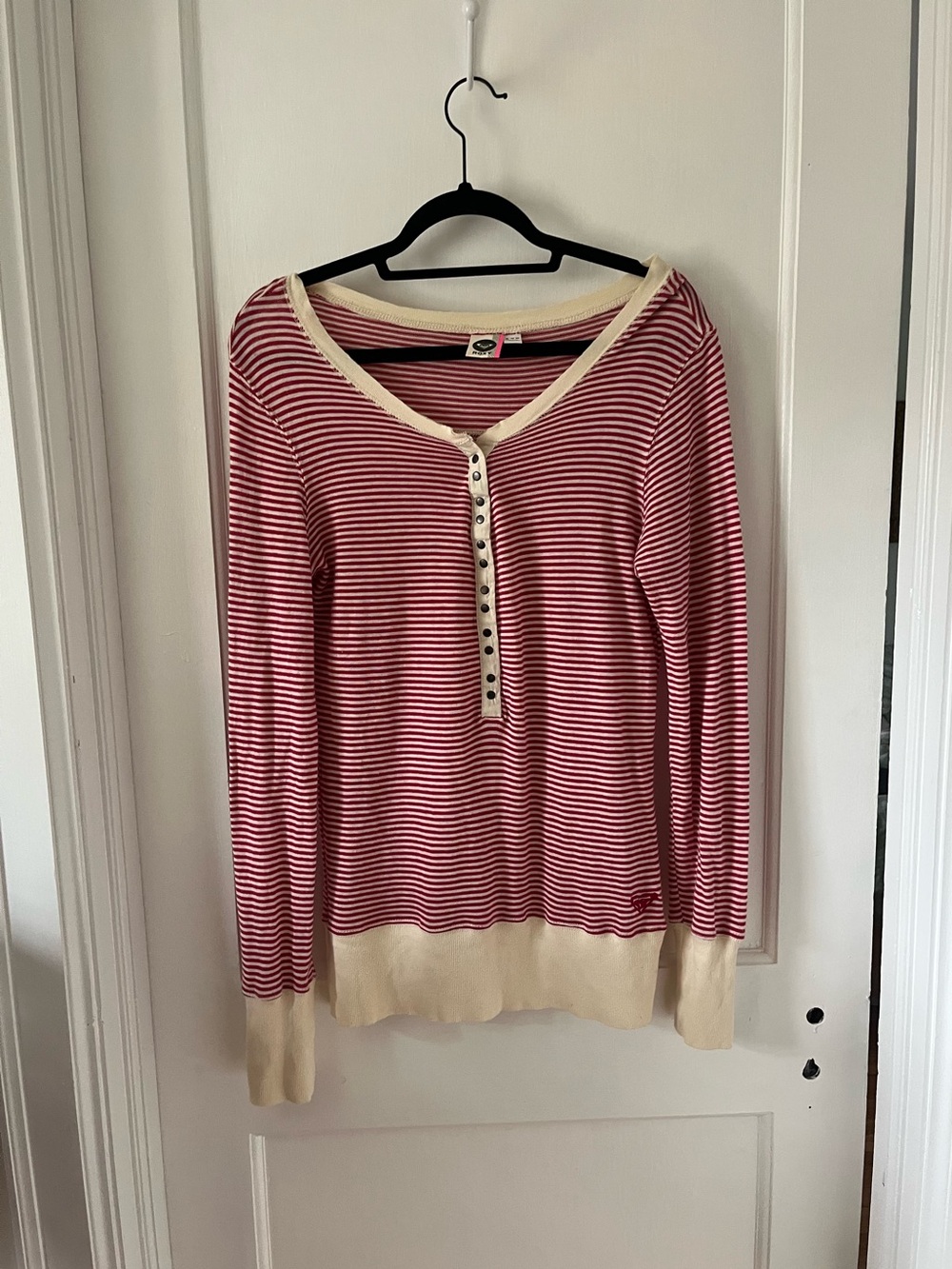 Roxy Striped Red and Cream Long-Sleeve Henley Top